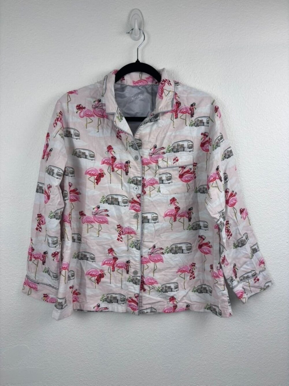 Nick & Nora large flannel flamingo airstream camper christmas pajama top lounge